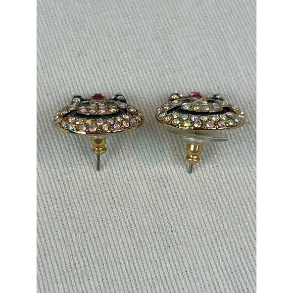 Smiley Face Rhinestone Stud Earrings Black Hair Bow Gold Tone - Picture 6 of 7